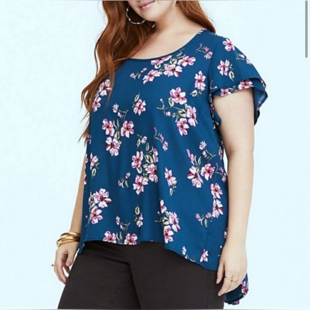 Torrid Georgette Flutter Sleeve Blouse Size 1 Teal with Pink Floral Print